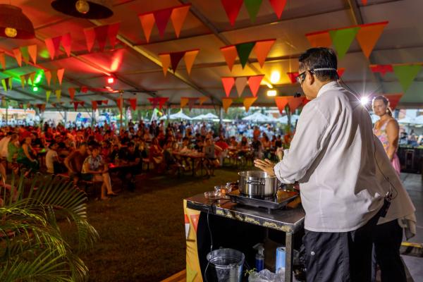 Cooking demonstration under marquee at the Darwin International Laksa Festival 2021